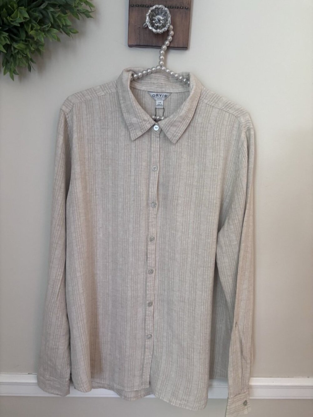 NWT Orvis Womens Size L Linen Blend Blouse Taupe Stripe Long Sleeve